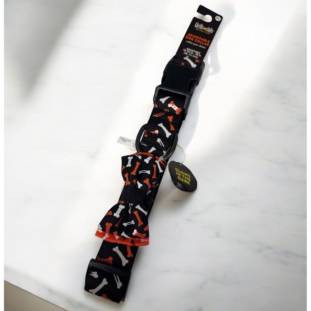 Thrills Chills Glow In Dark Halloween Pet Collar Black Orange Dog Size XL 18-28"
